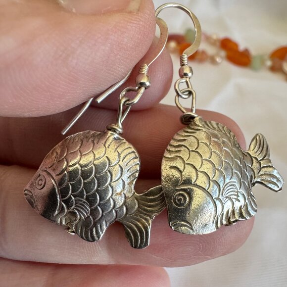 VTG Sterling Silver 925 Textured Puffed Fish Dangle Earrings Size 1.5'' Length - Picture 3 of 7